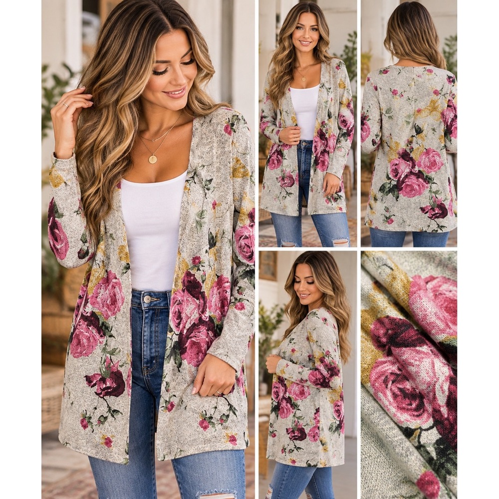 Glitzy Girlz Womens Floral Open Front Cardigan Pink Rose Oatmeal Knit Sweater